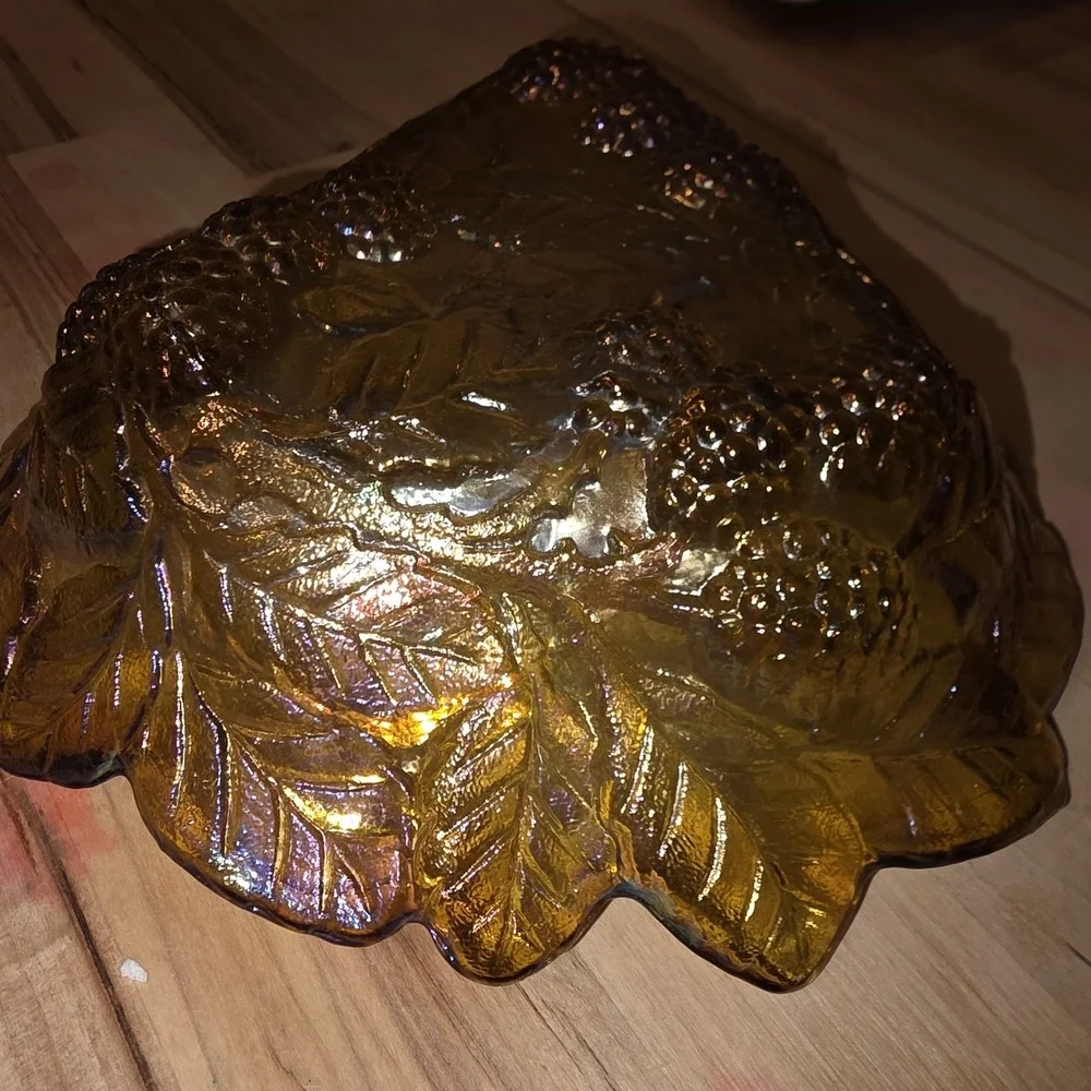 Indiana Amber Carnival Glass Vintage Marigold Loganberry Triangle Candy Nut Dish